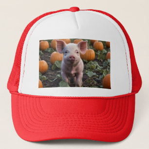 **"Patch of Joy: A Happy Baby Pig Under Pumpkins"* Truckerkappe