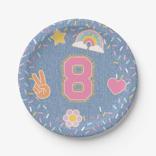 Patch Preppy Denim Jean Jacke 8. Geburtstag Pappteller (Vorderseite)