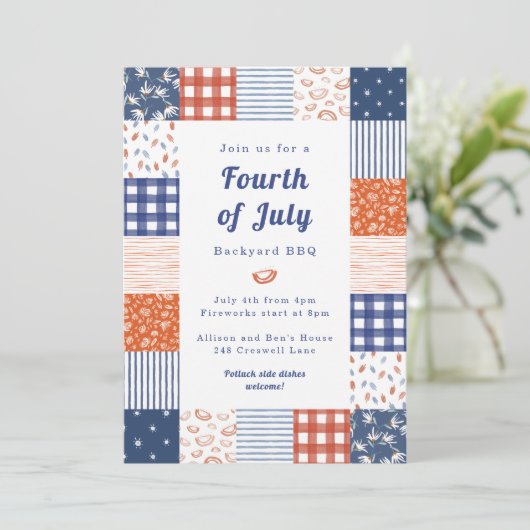 Patchwork 4. Juli GRILLEN Einladung (Stehend Vorderseite)