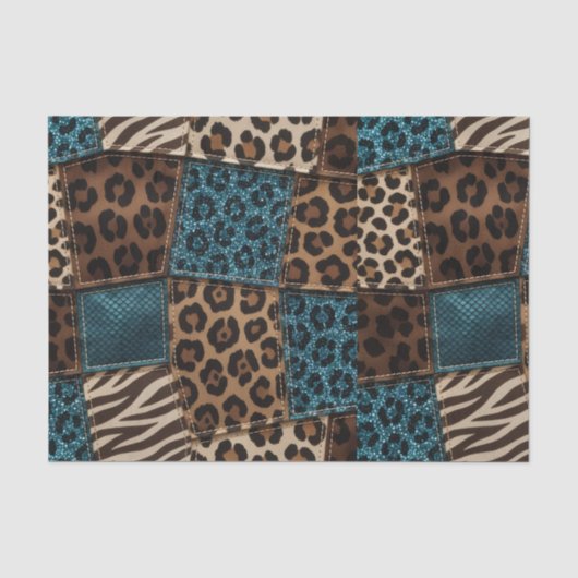 Patchwork-Afrika-Tierdruck | Braun & Türkis Seidenpapier (Vorderseite)