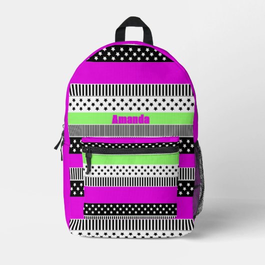 Patchwork aus schwarz-weiß und neonfarbenen Streif Bedruckter Rucksack (Vorderseite)