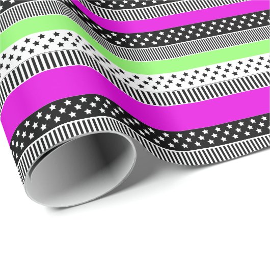 Patchwork aus schwarz-weiß und neonfarbenen Streif Geschenkpapier (Rolleneckpunkt)