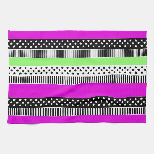 Patchwork aus schwarz-weiß und neonfarbenen Streif Geschirrtuch (Horizontal)