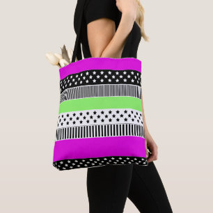 Patchwork aus schwarz-weiß und neonfarbenen Streif Tasche