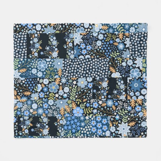 Patchwork Blaue Blumen: Nahtlose Stoffe. Fleecedecke (Vorderseite (Horizontal))