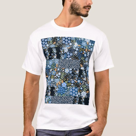 Patchwork Blaue Blumen: Nahtlose Stoffe. T-Shirt (Vorderseite)