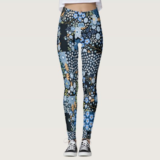 Patchwork blaue Blumen: Nahtloser Stoff. Leggings (Vorderseite)
