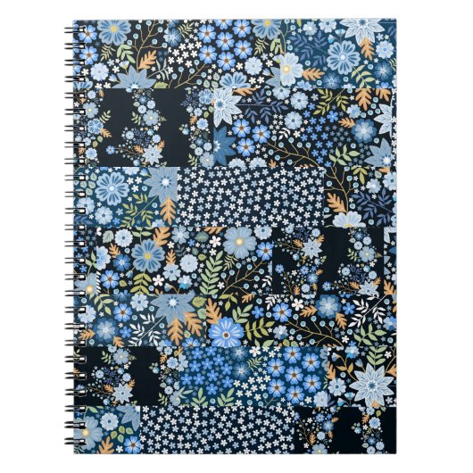 Patchwork blaue Blumen: Nahtloser Stoff. Notizblock (Vorderseite)
