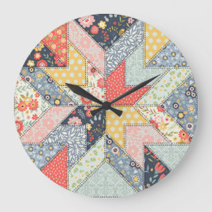 Patchwork-Blumen: Vintage-Ornament Große Wanduhr