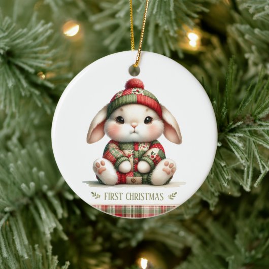 Patchwork Bunny First Christmas Keepsake Photo Keramik Ornament (Baum)