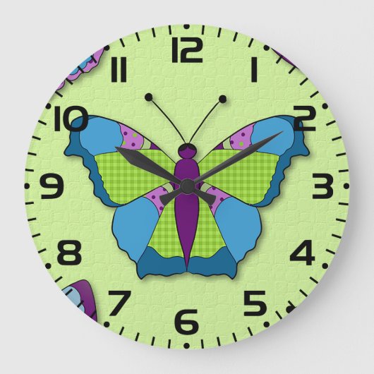 Patchwork Butterfly Pattern on Green Große Wanduhr (Vorderseite)