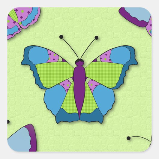 Patchwork Butterfly Pattern on Green Quadratischer Aufkleber (Vorderseite)