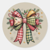 Patchwork Christmas Bow Cozy Rustic Holiday Runder Aufkleber (Vorderseite)