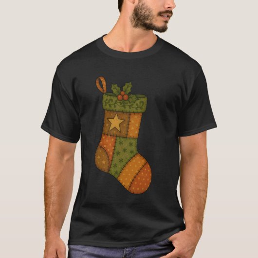Patchwork Christmas Stocking with Star Folk Art T-Shirt (Vorderseite)