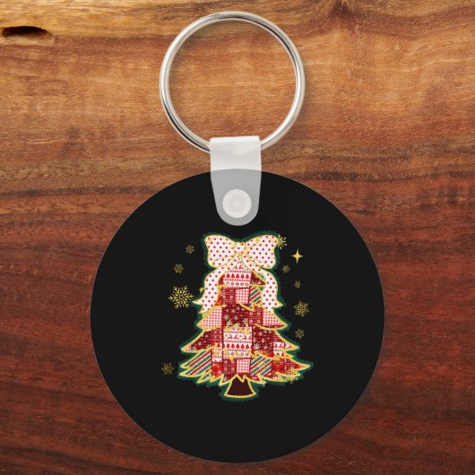 Patchwork Christmas Tree Coquette Bow Xmas Holiday Schlüsselanhänger (Vorderseite)