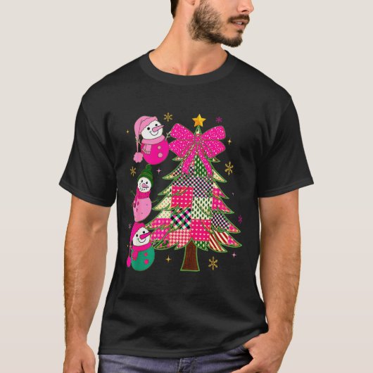 Patchwork Coquette Bow Xmas Snowman Holiday Christ T-Shirt (Vorderseite)