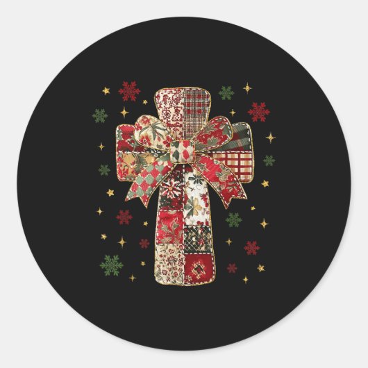 Patchwork Cross Christian Christmas Coquette Bow Runder Aufkleber (Vorderseite)