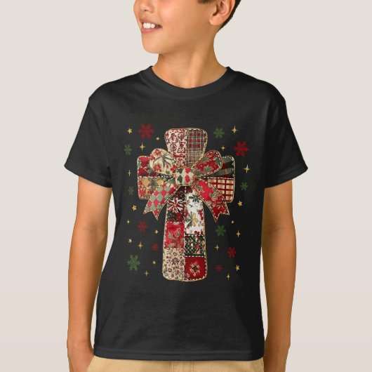 Patchwork Cross Christian Christmas Coquette Bow T-Shirt (Vorderseite)