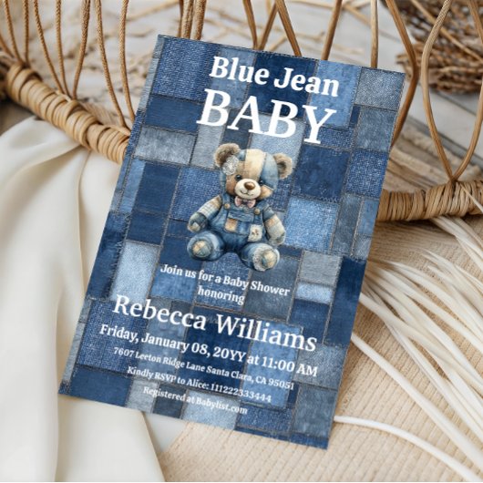 Patchwork Denim Bear Boy Blue Jean Baby Shower Einladung