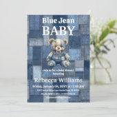 Patchwork Denim Bear Boy Blue Jean Baby Shower Einladung (Stehend Vorderseite)