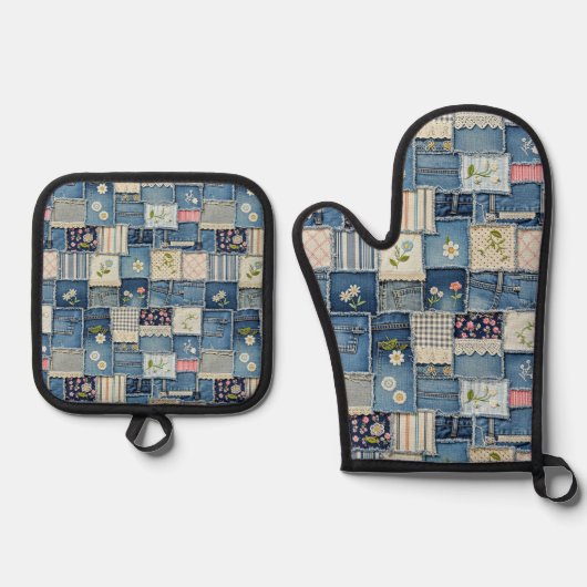 Patchwork Denim Ofenhandschuh & Topflappen-Set (Vorderseite)