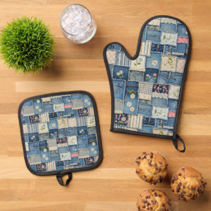 Patchwork-Denim Ofenhandschuh & Topflappen-Set