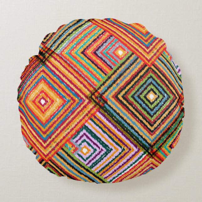 Patchwork-Design mit aztekischen Quadraten. Rundes Kissen (Vorderseite)
