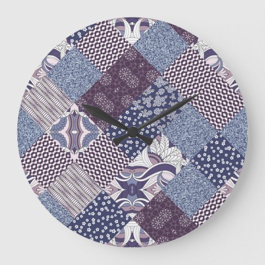 Patchwork Doodle: Vintag Boho Nahtlos. Große Wanduhr (Vorderseite)