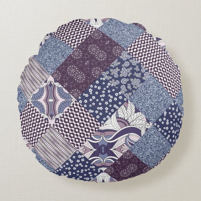 Patchwork Doodle: Vintag Boho Nahtlos. Rundes Kissen (Vorderseite)