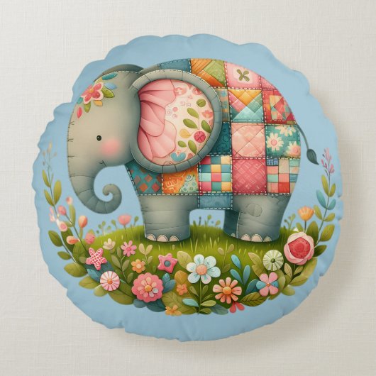 Patchwork-Elefanten-Blumenwiese-Charm Rundes Kissen (Vorderseite)