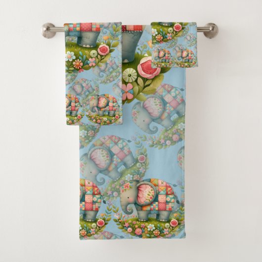 Patchwork-Elefanten-Blumenwiesen-Charm Badhandtuch Set (Insitu)