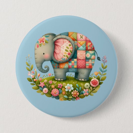 Patchwork-Elefanten-Blumenwiesen-Charm Button (Vorderseite)