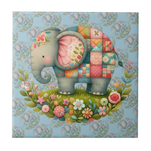 Patchwork-Elefanten-Blumenwiesen-Charm Fliese (Vorderseite)