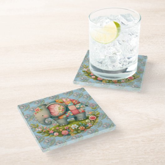Patchwork-Elefanten-Blumenwiesen-Charm Glasuntersetzer (Schrägansicht)
