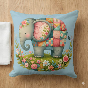 Patchwork-Elefanten-Blumenwiesen-Charm Kissen