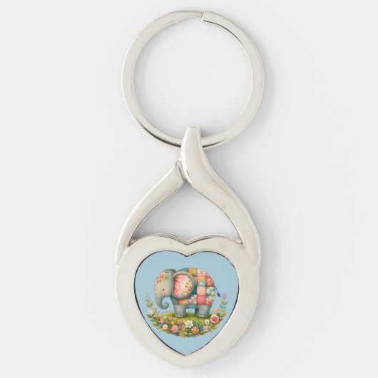 Patchwork-Elefanten-Blumenwiesen-Charm Schlüsselanhänger (Vorderseite)