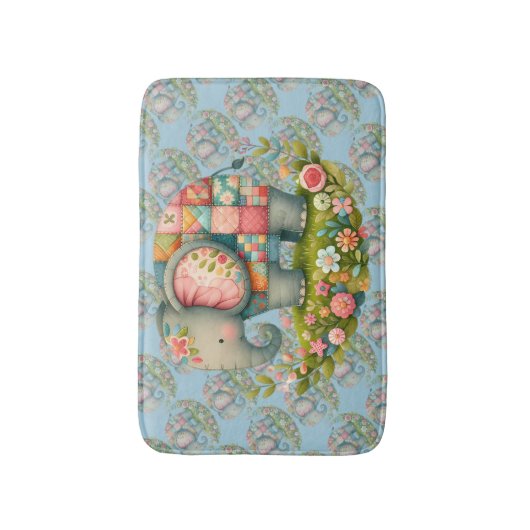 Patchwork Elephant Floral Meadow Charm Badematte (Vorderseite Vertikal)