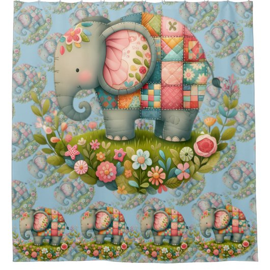 Patchwork Elephant Floral Meadow Charm Duschvorhang (Vorderseite)