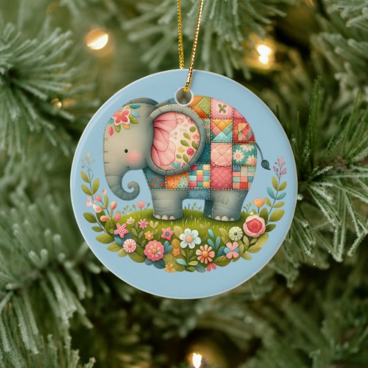 Patchwork Elephant Floral Meadow Charm Keramik Ornament (Baum)