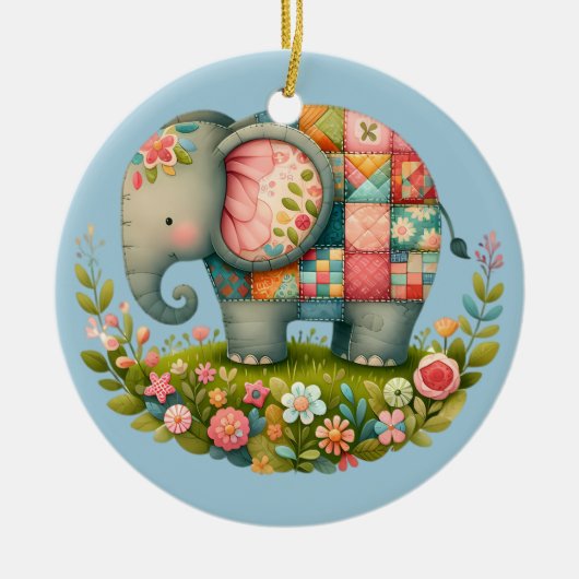 Patchwork Elephant Floral Meadow Charm Keramik Ornament (Vorne)