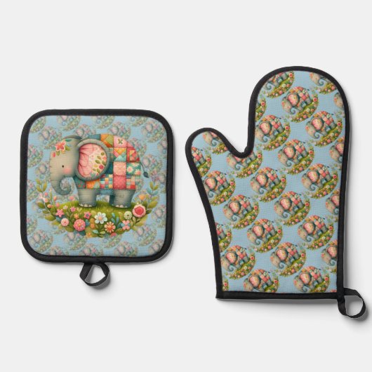 Patchwork Elephant Floral Meadow Charm Ofenhandschuh & Topflappen-Set (Vorderseite)