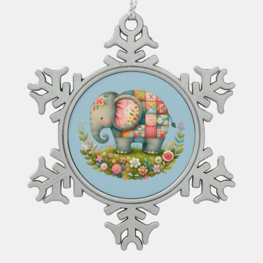 Patchwork Elephant Floral Meadow Charm Schneeflocken Zinn-Ornament (Vorderseite)