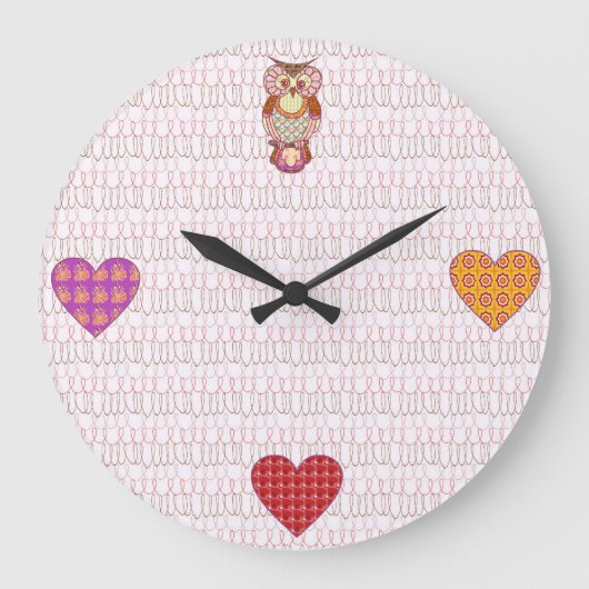 Patchwork-Eule-Herz Große Wanduhr (Vorderseite)