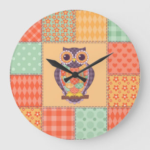 Patchwork-Eule Vintage Nahtloses Muster Große Wanduhr