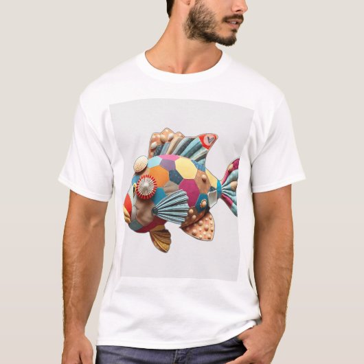 Patchwork Fabric Fish mit Muscheln T-Shirt (Vorderseite)