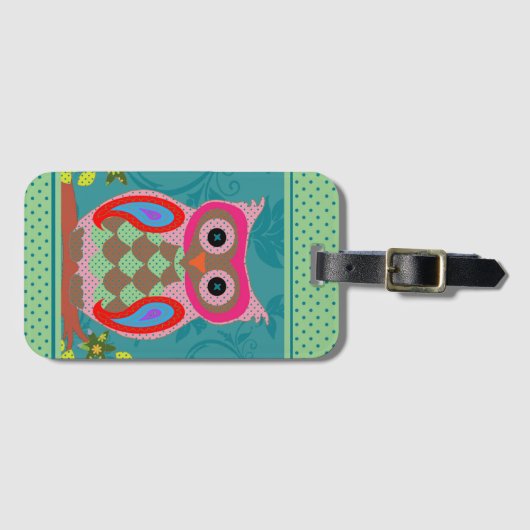 Patchwork Folk Art Owl and Dots Gepäckanhänger (Vorderseite (Horizontal))