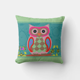 Patchwork Folk Art Owl and Dots Kissen