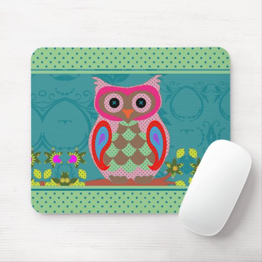 Patchwork Folk Art Owl and Dots Mousepad (Mit Mouse)