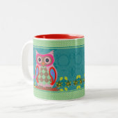 Patchwork Folk Art Owl and Dots Zweifarbige Tasse (Vorderseite Links)