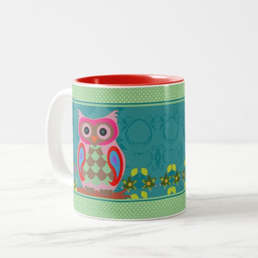 Patchwork Folk Art Owl and Dots Zweifarbige Tasse (Vorderseite Links)